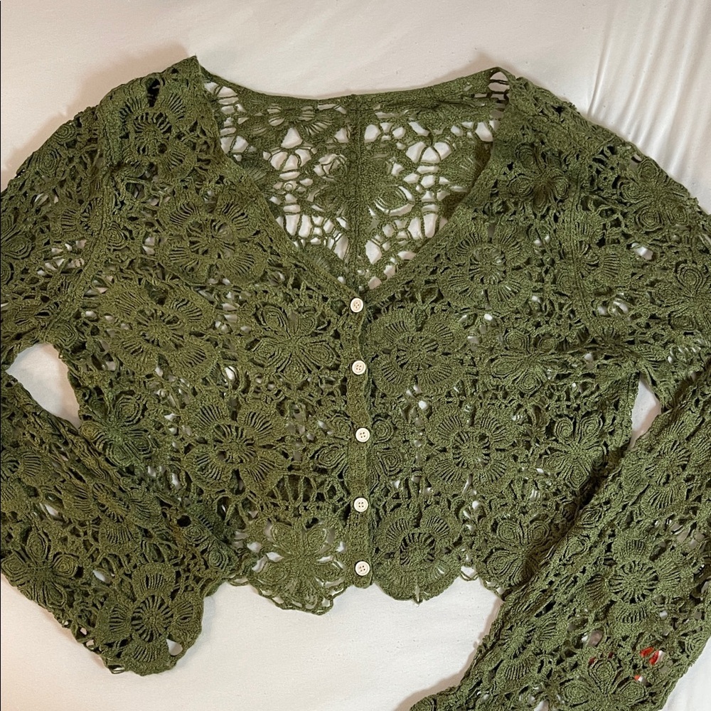 Cider Moss Olive Green Crochet Floral Blouse
